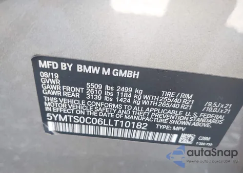 2020 BMW X3 M Competition z USA, uszkodzony, nr VIN 5YMTS0C06LLT10182